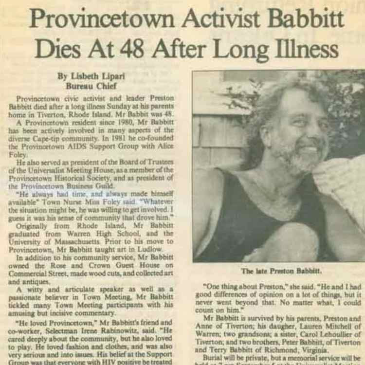 An image of a newspaper clipping. Headline: "Provincetown Activist Babbitt Dies at 48 After Long Illness"
